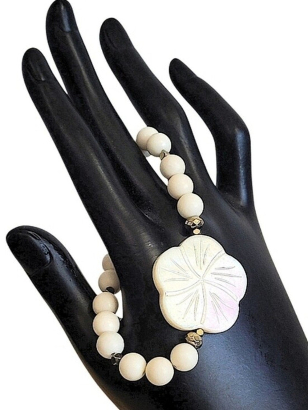 Hand Crafted Matte Ivory Jade Stretch Bracelet Floral Mother of Pearl Shell